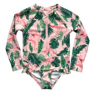 Old Navy Ruffle Trim One-Piece Rashguard Swimsuit Flamingo Paradise 3T Matching